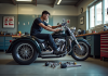 Mécanicien dans un garage équipé travaillant sur un trike