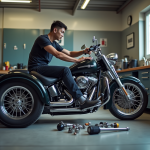 Mécanicien dans un garage équipé travaillant sur un trike