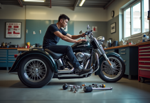 Mécanicien dans un garage équipé travaillant sur un trike
