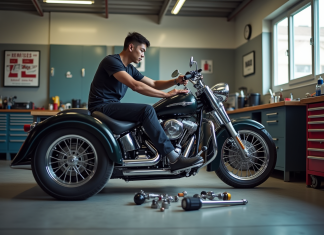 Mécanicien dans un garage équipé travaillant sur un trike