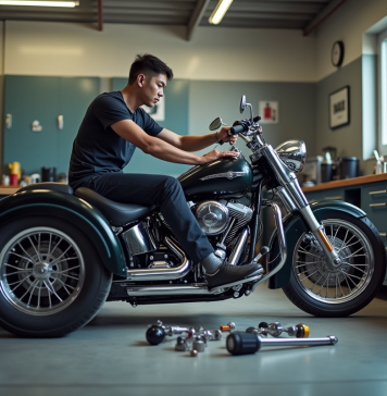 Mécanicien dans un garage équipé travaillant sur un trike
