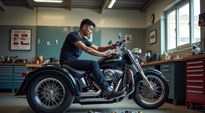 Mécanicien dans un garage équipé travaillant sur un trike