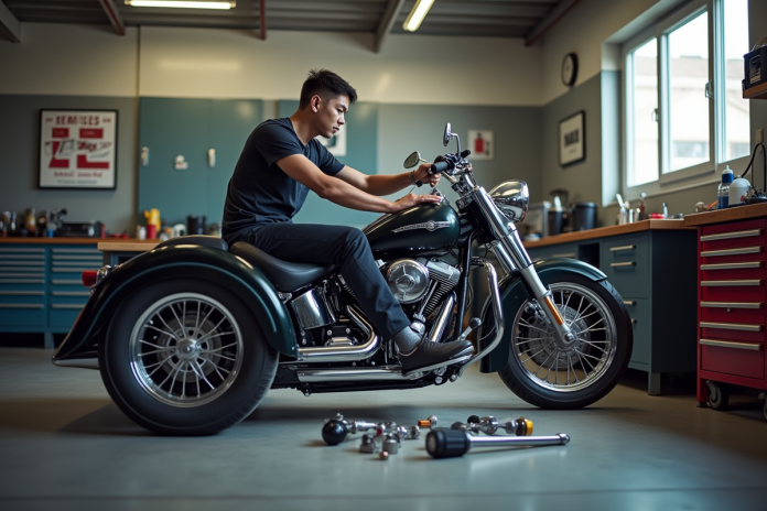 mecanicien-garage-trike Mécanicien dans un garage équipé travaillant sur un trike