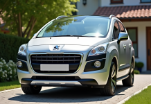 Peugeot 3008 d'occasion devant une maison en banlieue avec prix affiché