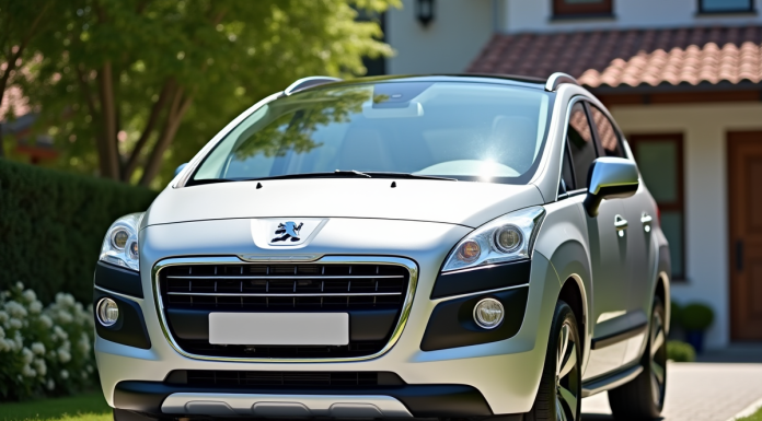 Peugeot 3008 d'occasion devant une maison en banlieue avec prix affiché