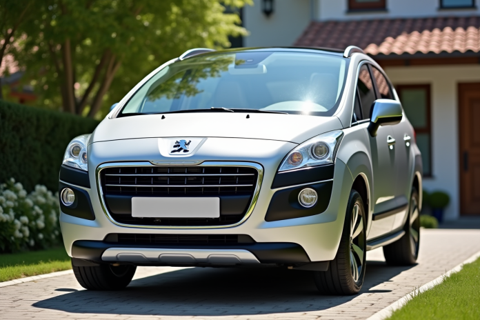 peugeot-3008-voiture-occasion Peugeot 3008 d'occasion devant une maison en banlieue avec prix affiché