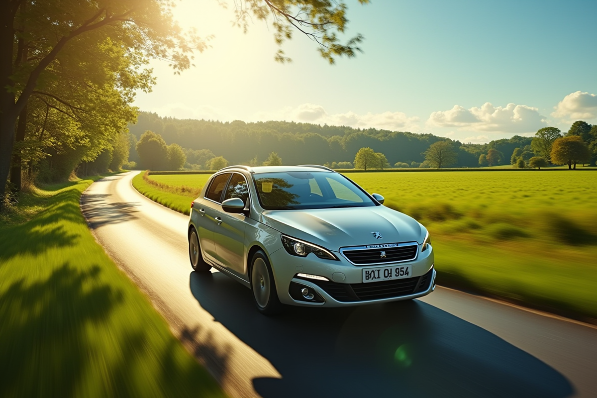 Peugeot 308 hybride en campagne verte en mouvement