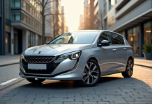 Peugeot 308 hybride brillante en ville moderne