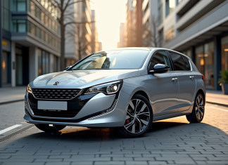 Peugeot 308 hybride brillante en ville moderne