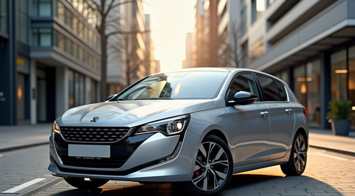 Peugeot 308 hybride brillante en ville moderne
