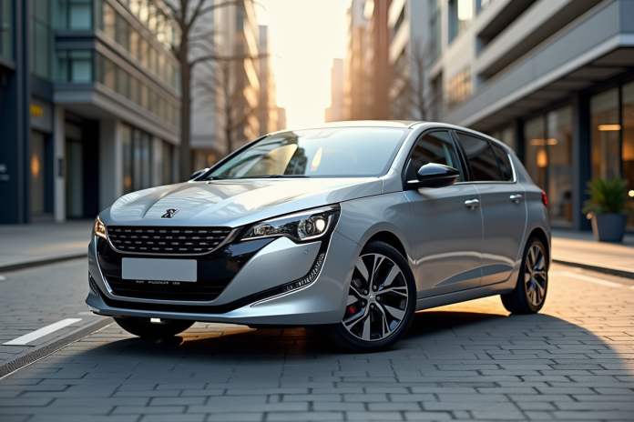 peugeot-308-hybrid-ville Peugeot 308 hybride brillante en ville moderne