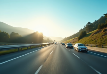 Autoroute bien entretenue sous un ciel bleu avec plusieurs voitures