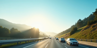 Autoroute bien entretenue sous un ciel bleu avec plusieurs voitures