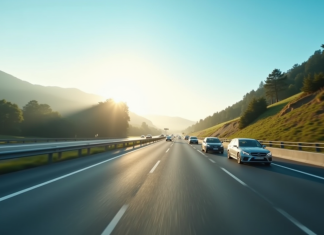 Autoroute bien entretenue sous un ciel bleu avec plusieurs voitures