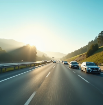 Autoroute bien entretenue sous un ciel bleu avec plusieurs voitures