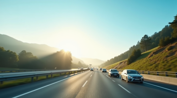 Autoroute bien entretenue sous un ciel bleu avec plusieurs voitures