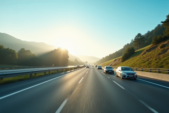 Autoroute bien entretenue sous un ciel bleu avec plusieurs voitures