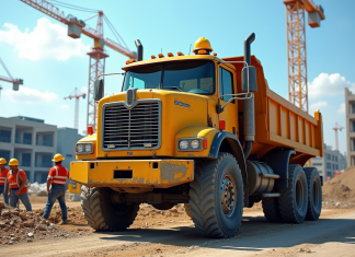 Camion de construction usagé sur un chantier animé avec ouvriers et grues