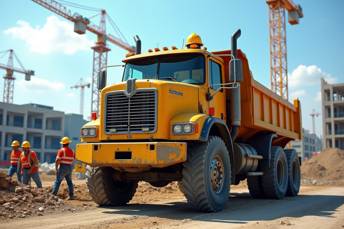 Camion de construction usagé sur un chantier animé avec ouvriers et grues