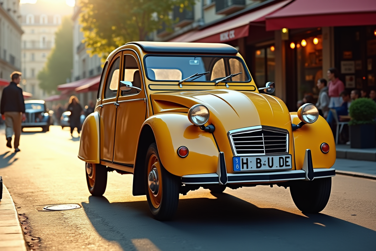 Citroën 2CV vintage dans une rue parisienne animée