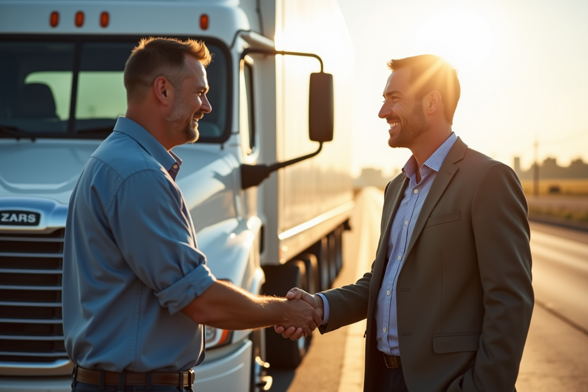 Client satisfait serre la main du vendeur devant un camion d occasion