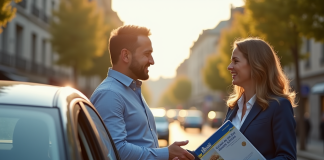 Conducteur souriant recevant un guide Michelin dans une rue en France