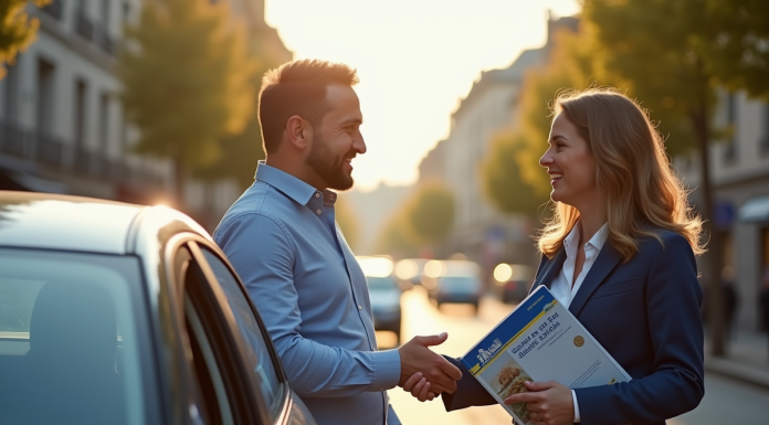 Conducteur souriant recevant un guide Michelin dans une rue en France