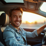 Conducteur heureux derrière le volant d'une voiture moderne