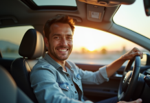Conducteur heureux derrière le volant d'une voiture moderne