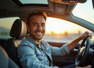 Conducteur heureux derrière le volant d'une voiture moderne