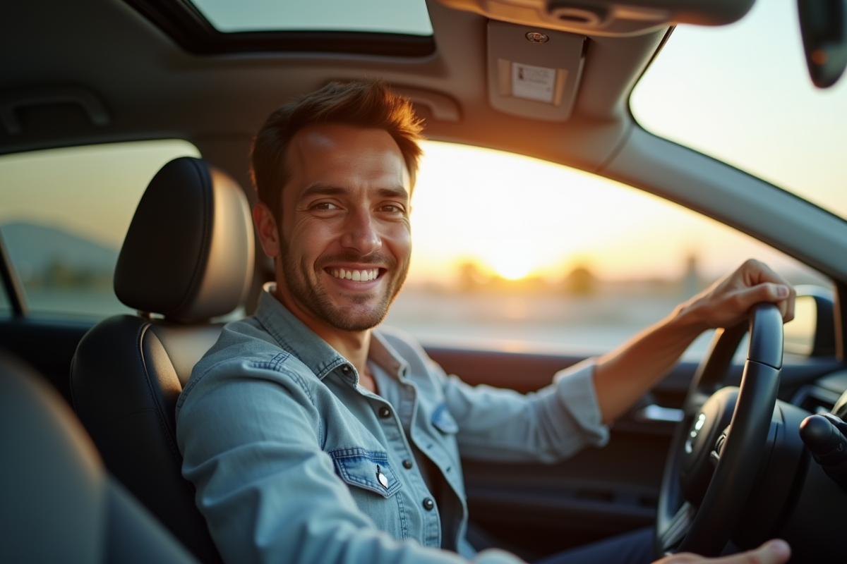 Conducteur heureux derrière le volant d'une voiture moderne