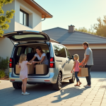 Famille avec Peugeot Rifter devant maison ensoleillee