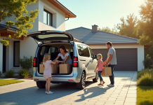 Famille avec Peugeot Rifter devant maison ensoleillee