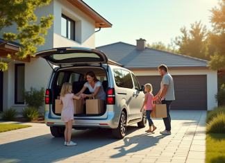 Famille avec Peugeot Rifter devant maison ensoleillee