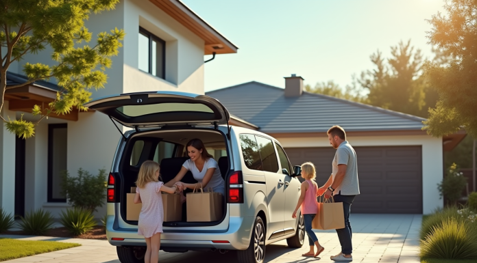 Famille avec Peugeot Rifter devant maison ensoleillee