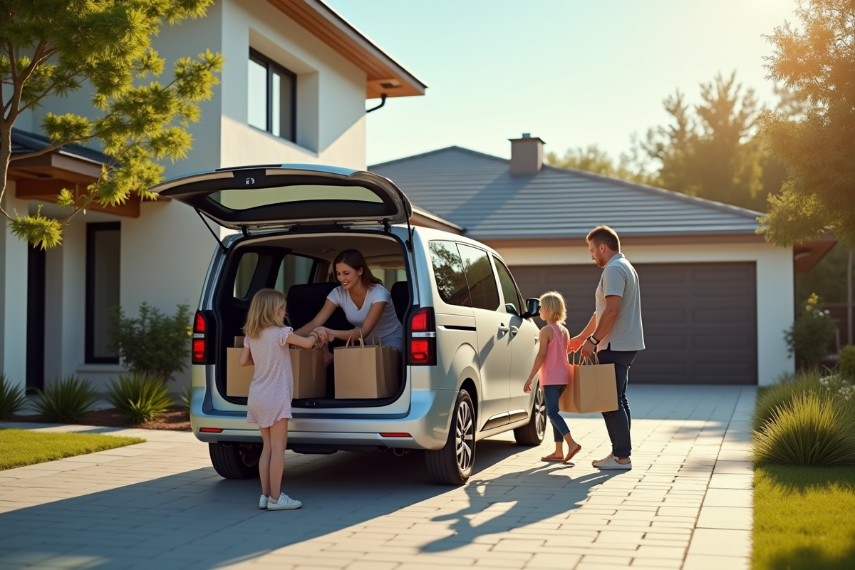 Famille avec Peugeot Rifter devant maison ensoleillee