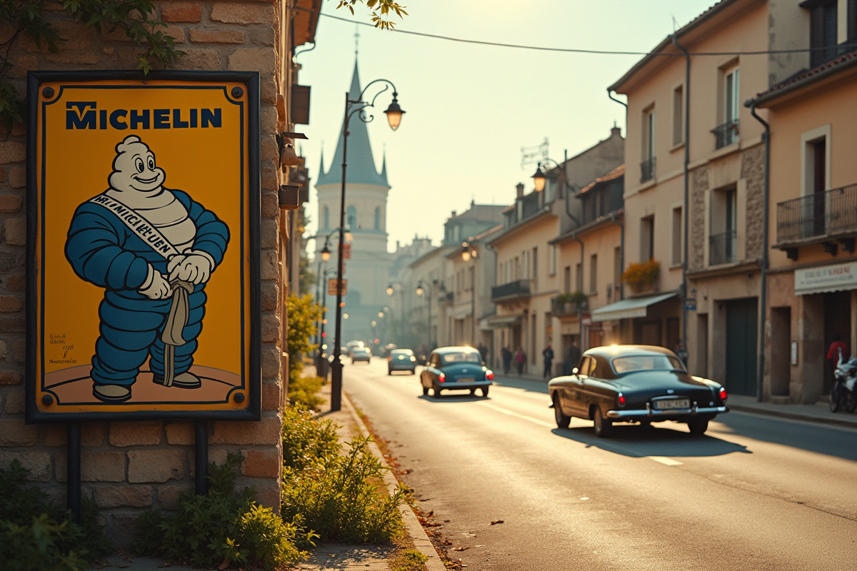 Ancien panneau Michelin avec le bonhomme Michelin sur une route française nostalgique