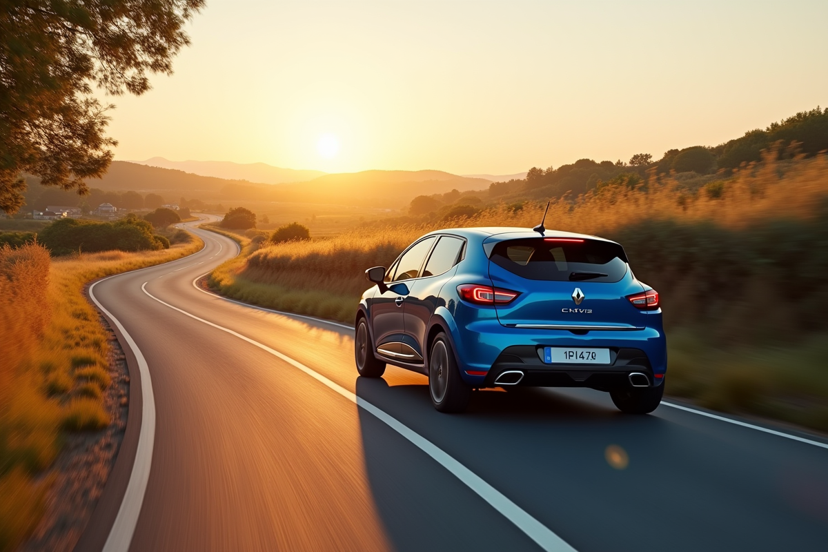 Renault Clio 3 en conduite en campagne au coucher du soleil