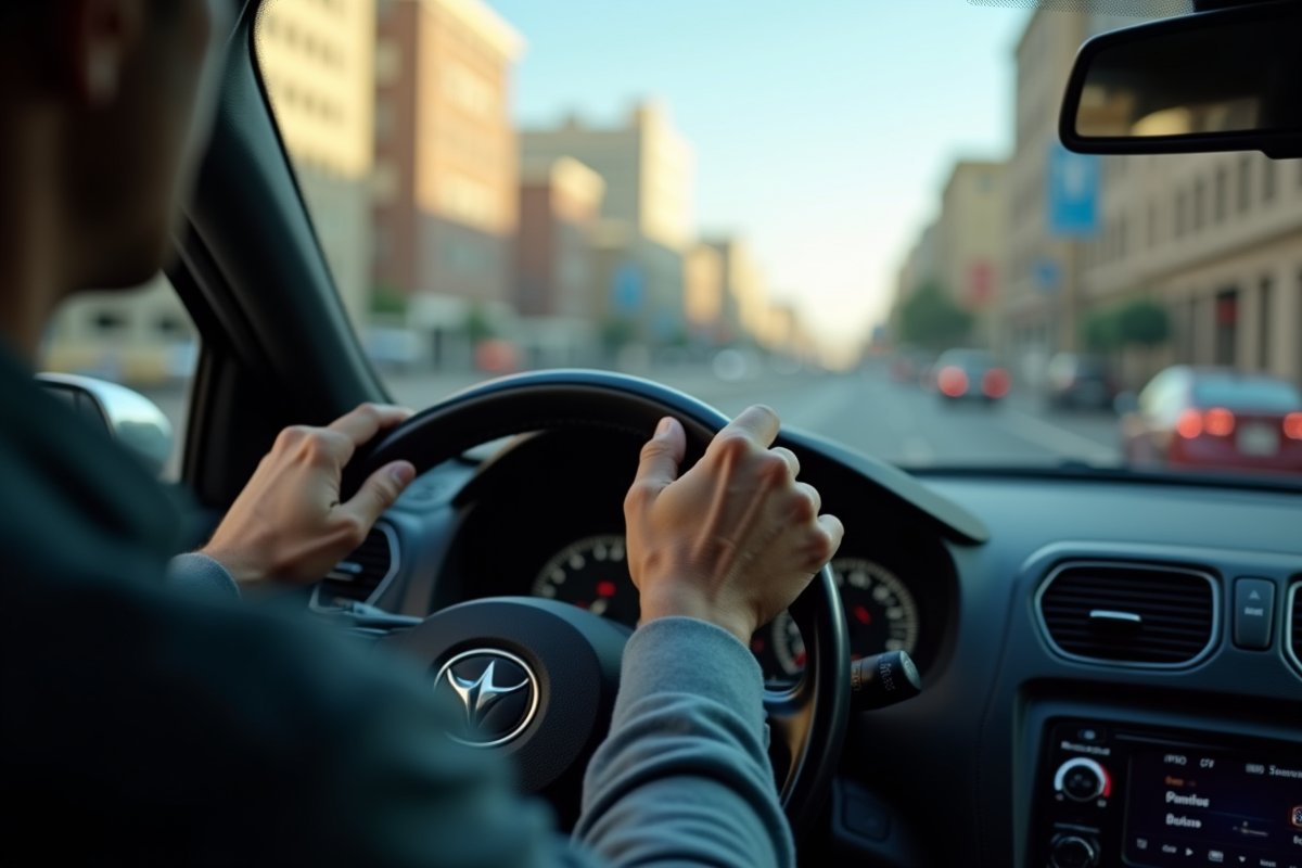 Détails du tableau de bord avec mains sur le volant en ville