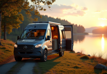 Van aménagé au bord du lac au lever du soleil
