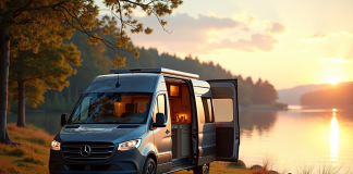 Van aménagé au bord du lac au lever du soleil