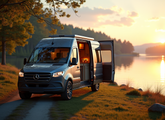Van aménagé au bord du lac au lever du soleil