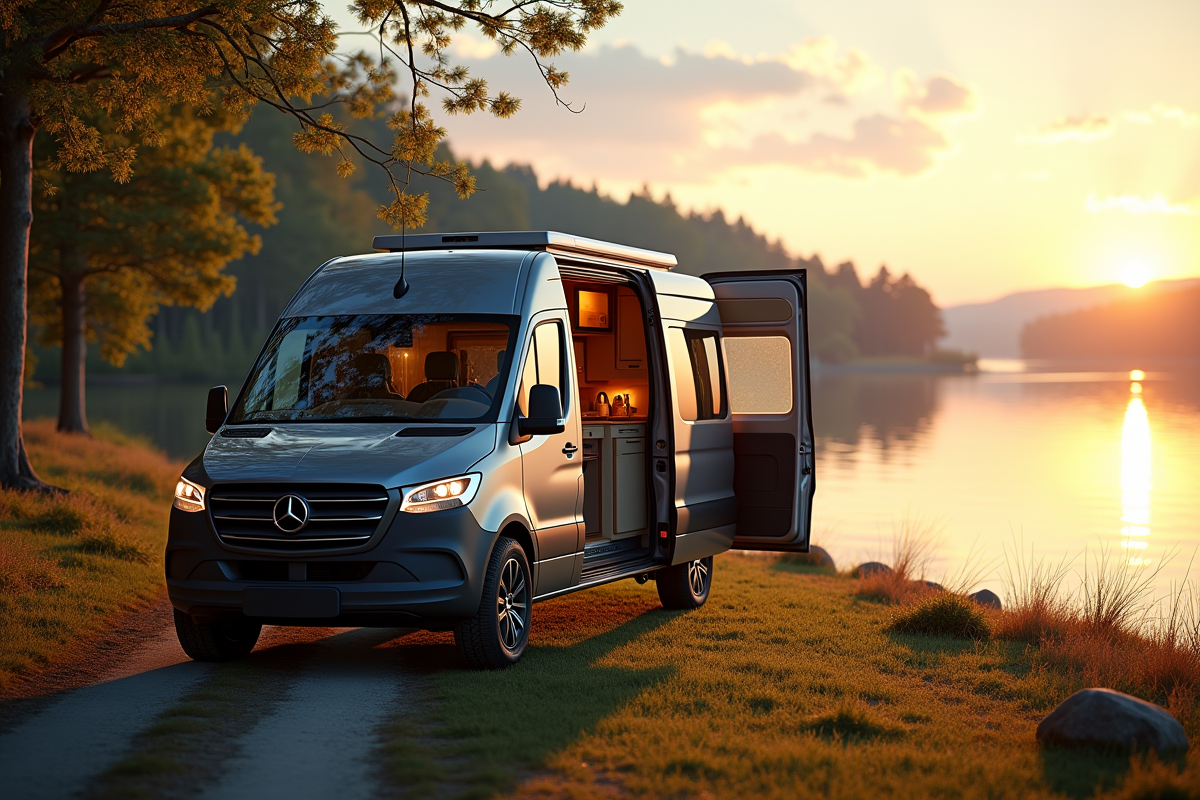 Van aménagé au bord du lac au lever du soleil