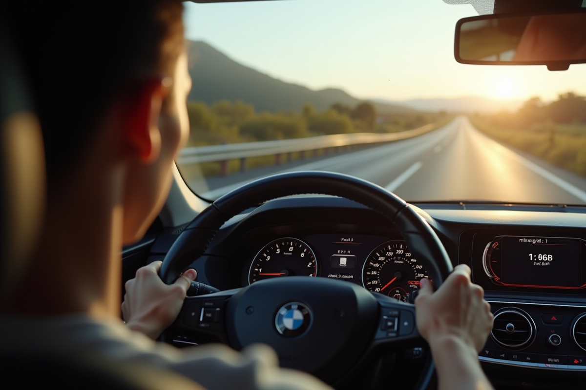 Point de vue du conducteur avec tableau de bord et route devant