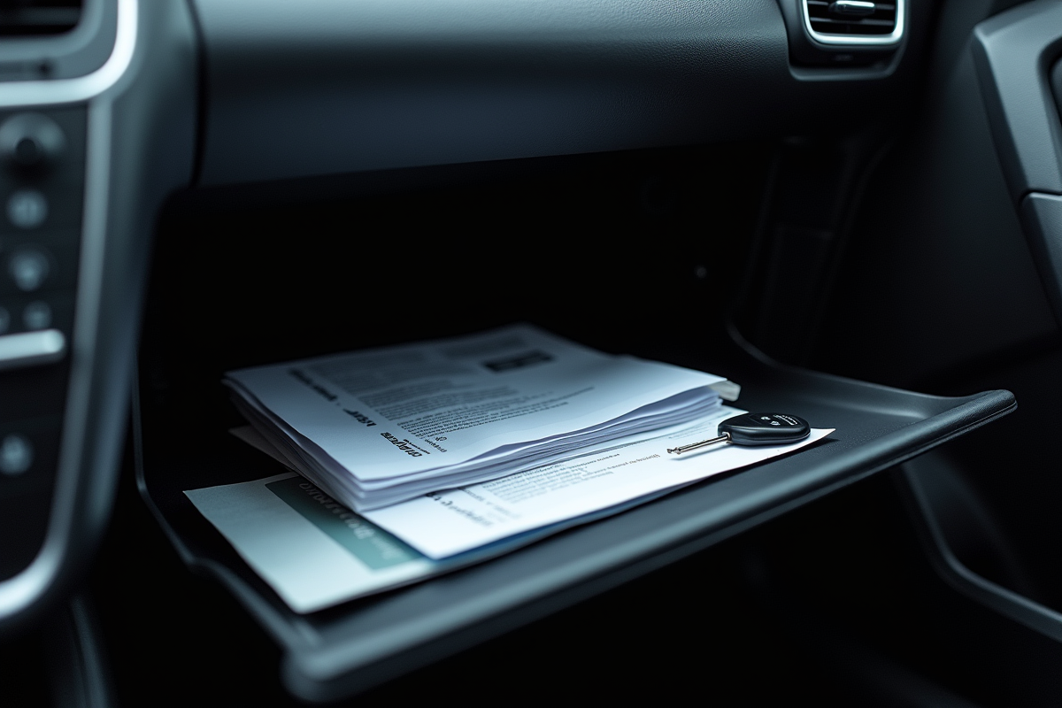 Coffre de voiture ouvert avec papiers et clés visibles