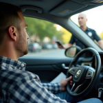 Conducteur anxieux dans une voiture moderne avec un policier dehors