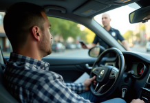 Conducteur anxieux dans une voiture moderne avec un policier dehors