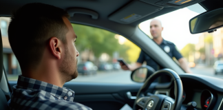 Conducteur anxieux dans une voiture moderne avec un policier dehors