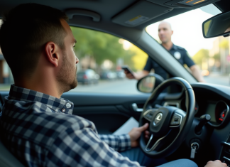 Conducteur anxieux dans une voiture moderne avec un policier dehors