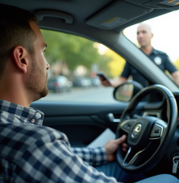 Conducteur anxieux dans une voiture moderne avec un policier dehors